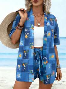 Women's Fashionable Casual Vacation Set, Cardigan Short Sleeve Top Paired With Shorts Summer - Blue - View 3