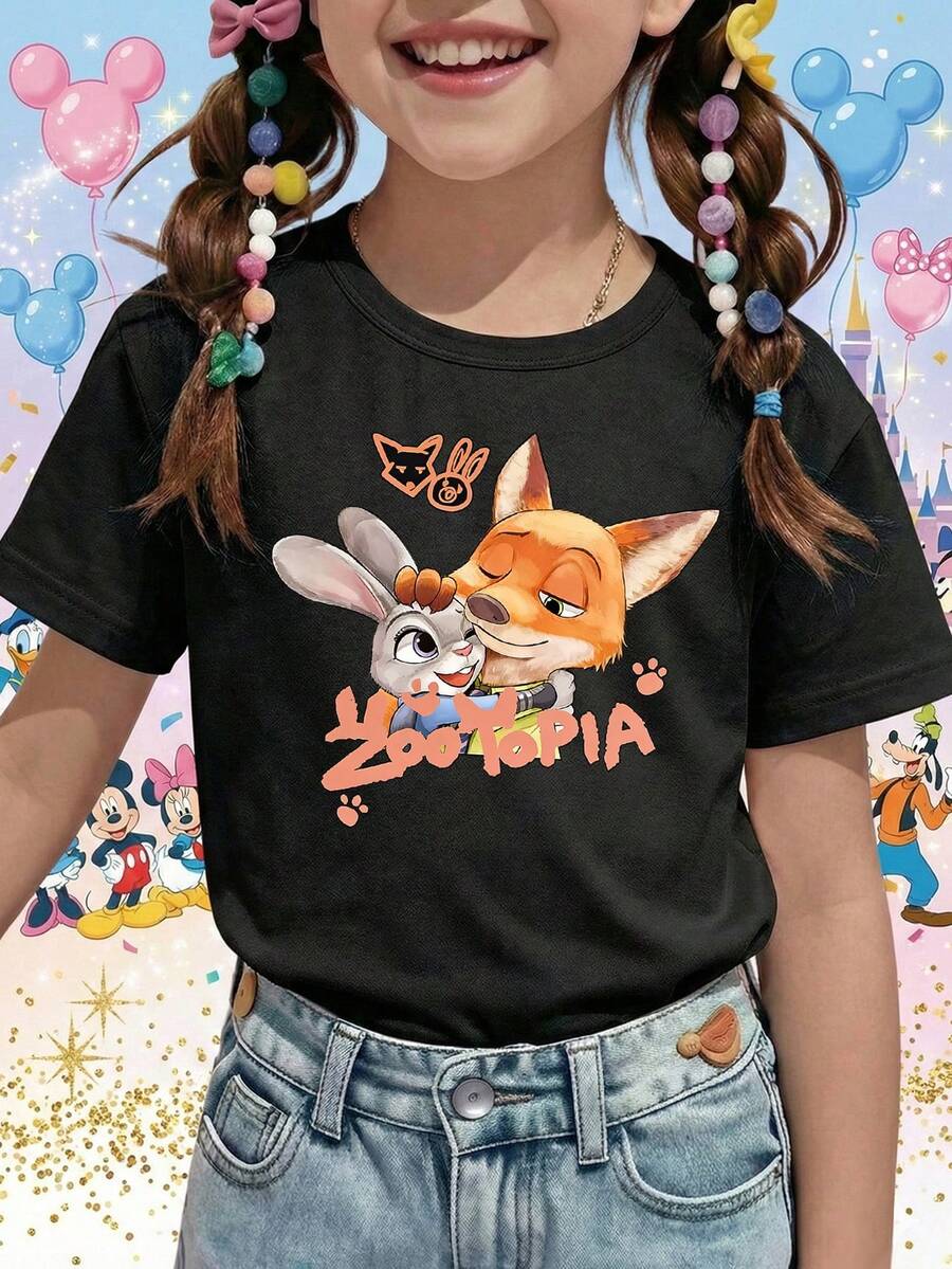 Disney Zootopia Judy Hopps And Nick Wilde Hug Printed Pattern T-Shirts For Girls - Children's Clothing Design Short-Sleeved Casual And Cute Style Comfortable And Casual Wear All Year Round Suitable For Parties And Play Machine Washable Gift Children's Clothing Girls' Short-Sleeved Shirts - màu đen - Xem 1
