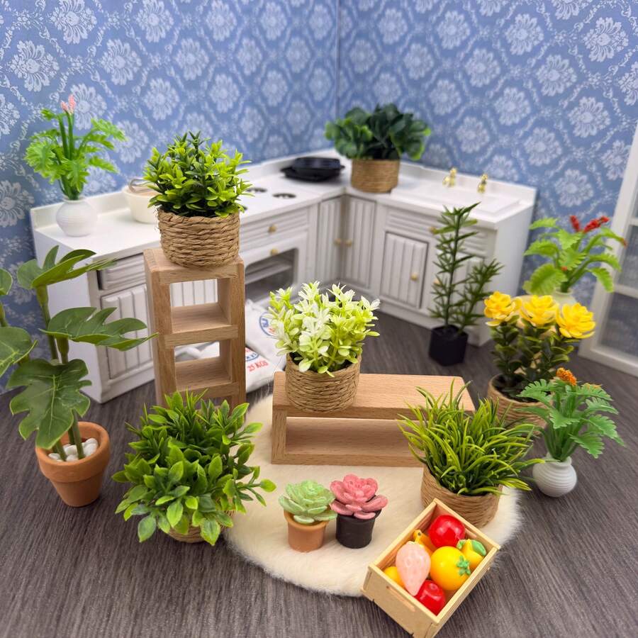 22 estilos de plantas en maceta decorativas en miniatura para casa de muñecas, plantas verdes realistas a escala 1:12 1:6 para casa de muñecas, suculentas, camas de flores, jarrones, accesorios decorativos para cocina, dormitorio, sala de estar, baño y jardín de la casa de muñecas - Multicolor - Ver 1