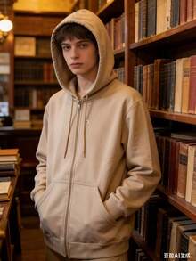 Men's Hoodie – Zipper, Pockets, And Oversized Fit | Comfort And Style For Everyday Winter Wear - 卡其色 - 查看 4