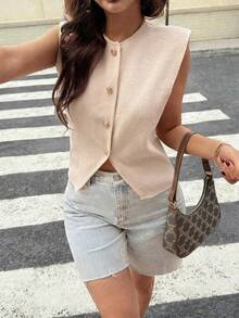 Freeform Women's Knitted Sleeveless Vest Sweater, Regular Length, High Elasticity, Loose Fit Elegant Minimalist Cardigan, Versatile For Spring & Summer, Business Casual, Retro Korean Style - New Apricot - View 1