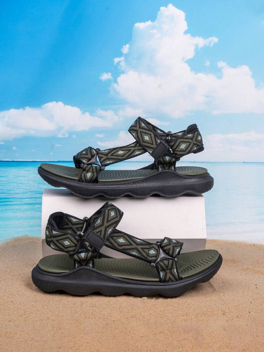 1 Pair Boys' Spring/Summer Outdoor Sports Sandals; Rhombus Pattern Design; Dual-Layer Anti-Slip Durable EVA Sole; Quick-Dry Lightweight Adjustable Hook & Loop Closure; Fashionable Versatile Casual Sandals - Multicolor - View 1