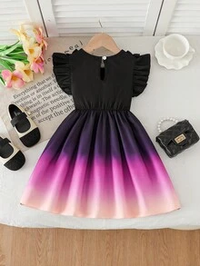 Girls' Ombre Purple Dress, Black Cap Sleeve With Ruffle Hem + Polyester Bow Tie, Birthday Party & Performance Dress - Multicolor - View 2