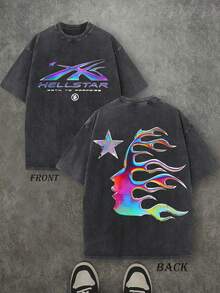 Men's Oversized Washed Graphic T-Shirt Hell Flame Star Silver Print Vintage Streetwear Tee - 黑色 - 查看 1