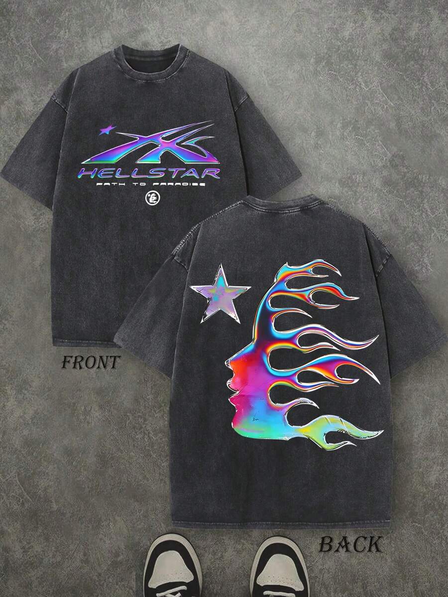 Men's Oversized Washed Graphic T-Shirt Hell Flame Star Silver Print Vintage Streetwear Tee - 黑色 - 查看 1