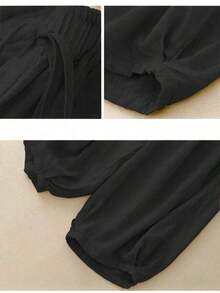 Comfortable Casual High Waist Elastic Linen Pants, Draping Effect, Suitable For Autumn & Summer - 黑色 - 查看 4