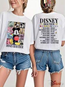 Retro Commemorative Style Disney  Theme Ladies Slim Short Sleeves, Multi-Role Debut Fun Cartoon Two Prints, Machine Washable, Recommended For Daily Leisure, Commuting, Fashion Ladies Spring And Summer Round Neck Short Sleeves. - White - View 1