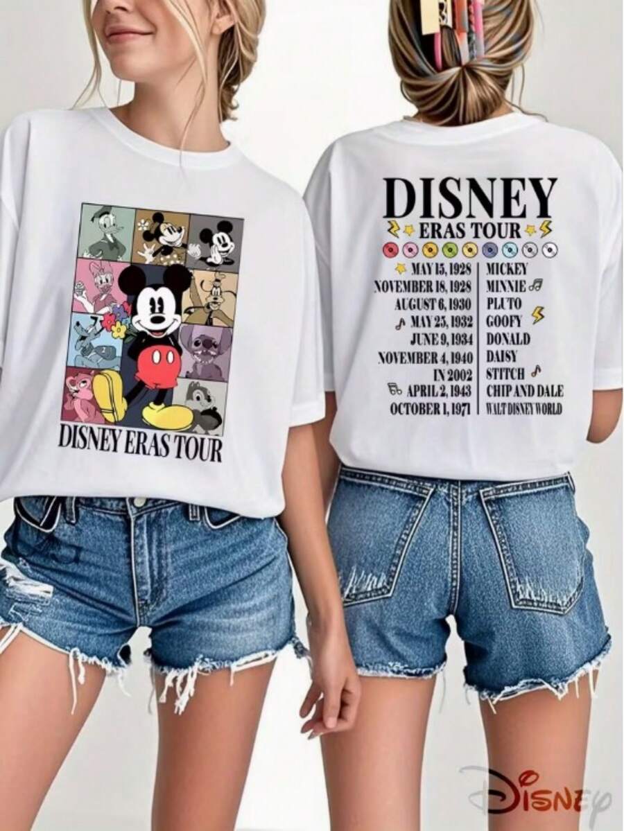 Retro Commemorative Style Disney Theme Ladies Slim Short Sleeves, Multi-Role Debut Fun Cartoon Two Prints, Machine Washable, Recommended For Daily Leisure, Commuting, Fashion Ladies Spring And Summer Round Neck Short Sleeves. - White - View 1