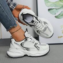 女士休闲运动鞋，撞色网面透气运动鞋，系带时尚运动鞋，适合春季、秋季及所有季节 - 白黑 - 查看 10