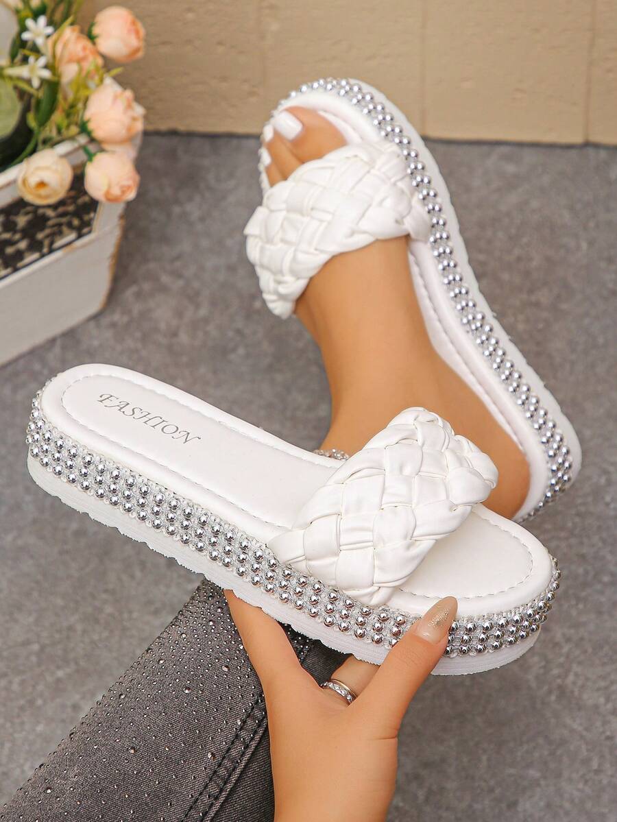 2026 New Rhinestone Embellished Thick Sole Wedge Slippers, Shiny Solid Color Unisex Crystal Sandals For Outdoor Wear, Spring/Summer - White Sponge Strip - View 1