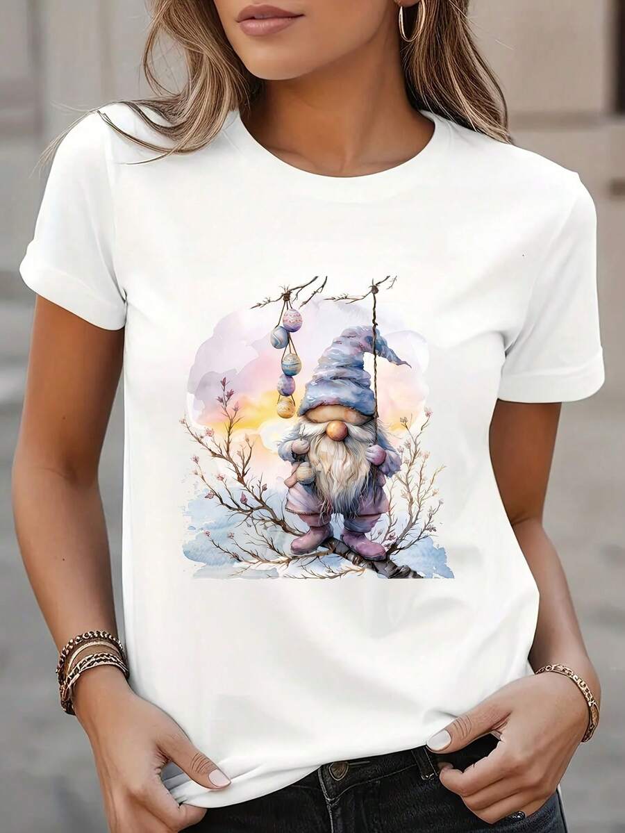 Playera De Mujer De Pascua De Conejo Gráfico, Cuello De Tripulación Casual De Manga Corta, Tela De Punto De Poliéster Con Ligero Estiramiento, Ajuste Regular, Pullover Para Toda La Estación - 95% Poliéster, 5% Elastano, 180g/m² - Blanco - Ver 1
