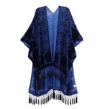 WeHello Women's Boho Burnout Velvet Kimono Long Cover Up With Tassel Casual Cardigan Shawl Flowy Fabric Beachwear Suit Womenswear Clothes Swimwear Coverups SpringStatements - 藏蓝色 - 查看 1