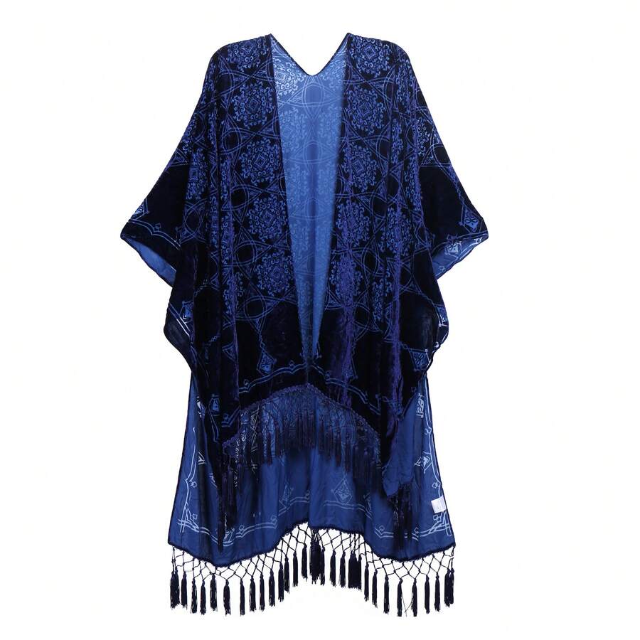 WeHello Women's Boho Burnout Velvet Kimono Long Cover Up With Tassel Casual Cardigan Shawl Flowy Fabric Beachwear Suit Womenswear Clothes Swimwear Coverups SpringStatements - 藏蓝色 - 查看 1