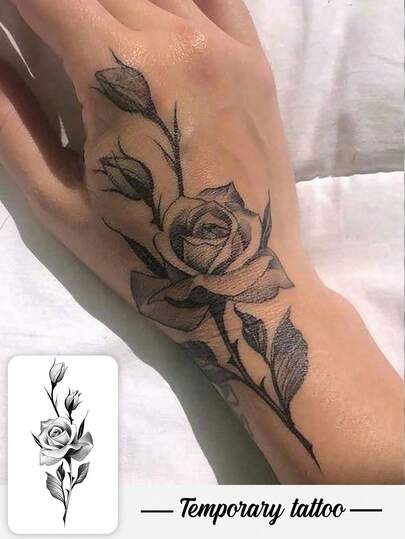 One Valentine's Day Temporary Temporary Tattoo Sticker, Waterproof And Sweatproof, Ink-Wash Rose And Flower Fake Tattoo, Plant Fake Tattoo - Temporary Tattoo - Popular And Suitable For Birthdays, Weddings, Party Decorations, Lasts 3-5 Days.