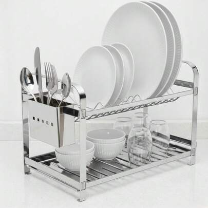 Escorredor de Louça em Aço Inox 16 Pratos com Porta Talheres Premium 2 Andares