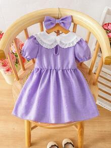 Lindo vestido morado con mangas abullonadas y pliegues para bebé niña (incluye diadema con lazo), cuello con ribete de encaje y estampado de plantas, vestido estilo princesa dulce y diadema, set de 2 piezas - Púrpura malva - Ver 4