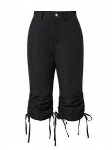 Womens Ruched Cargo Capri Pants Mid Rise Elastic Waist Drawstring Ankle Tie Cuff Solid Color Slim Fit Cropped Trousers Y2K Knee Length Cropped Pants Spring Summer Casual Daily Vacation Streetwear - 黑色 - 查看 8