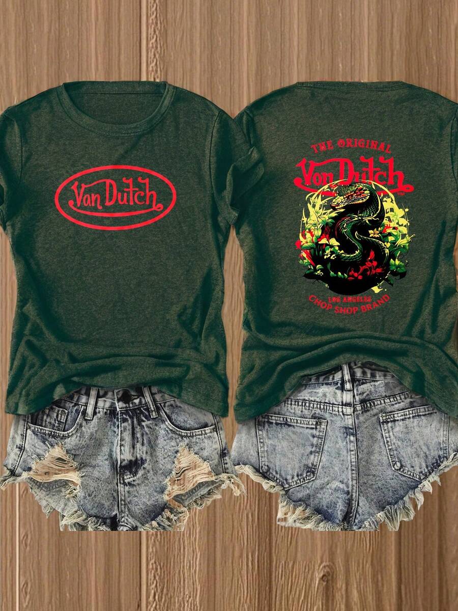 Double-Side 1pcs Women's Green Crew Neck T-Shirt Vintage Streetwear Style Van Dutch Logo And Dragon Graphic Print Short Sleeve Summer Breathable Tee Ideal For Daily Wear Family Gatherings Summer Trips And Festive Occasions - Green - View 1