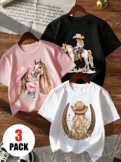3pcs/Set Young Girl Casual Funny Print Round Neck Short Sleeve T-Shirt, Summer Top
