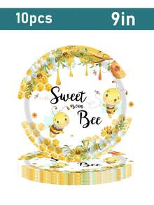 10 pièces Set de vaisselle thème abeille - Comprend assiettes, tasses, couverts, convient pour anniversaire, baby shower thème abeille, décorations de fête | Sert 10 invités - A - Voir 9