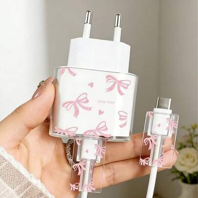 מגן שקוף למתאם טעינה עם דוגמת פפיון ורודה ודוגמת לב, מתאים לתקע 20W של האיחוד האירופי, מטען של אפל למניעת שבירה, מתנה לנשים, גירל פאוור