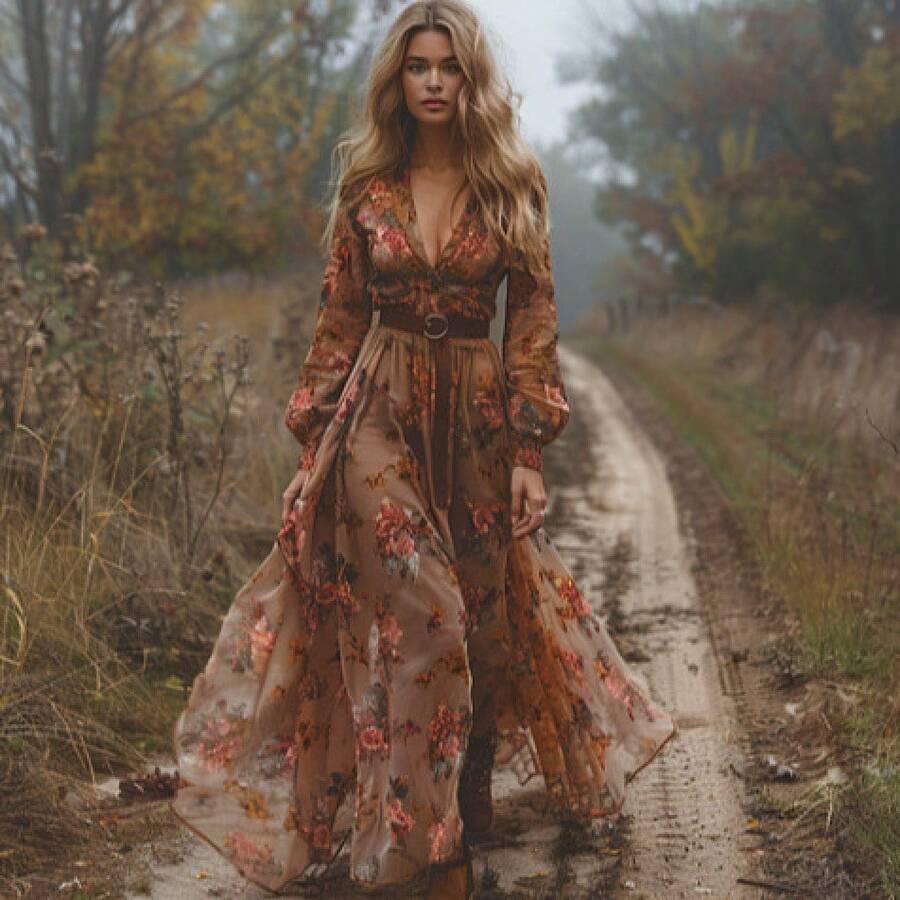 2026 European And American Women's Long-Sleeve Printed V-Neck Long Dress - 深棕色 - 查看 1
