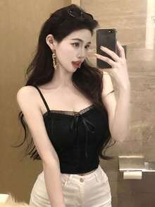 黑色蝴蝶结蕾丝边吊带背心，修身显瘦，春夏新款休闲款 - 黑色 - 查看 4