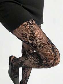 1/2 Pair Women Floral Pattern Lace Trim Fishnet Stockings, Vintage Floral Vine Leaf Sheer Mesh Pantyhose - đen - Xem 3