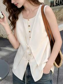 Elegant Women's Spring/Summer New Stylish Front Button Sleeveless Vest, Casual Versatile 2 In 1 Shirt Blouse, Suitable For Daily Street, Vacation, Home, Office, Date And Other Occasions - Apricot - View 11