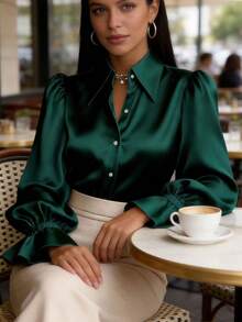 Women's Satin Silk Blouses Dressy Lantern Long Sleeve Shirts Button Down Work Business Casual Tops Vintage Loose Fit Puff Sleeve Blouse Dressy Tops - 綠色 - 查看 3