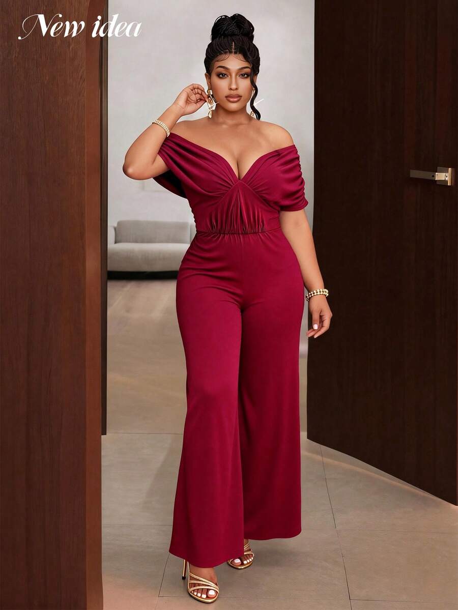 女士优雅露肩连体裤，褶皱高腰阔腿连体裤，适合派对穿着 - 酒紅色 - 查看 1