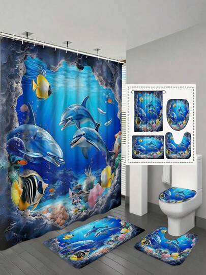 1/4件套海豚浴帘套装，海洋主题2D平面浴帘和防滑浴垫套装，生动的海豚和珊瑚礁水下场景，优雅实用的家居装饰礼品，海洋主题布艺浴帘套装，海洋生物浴帘