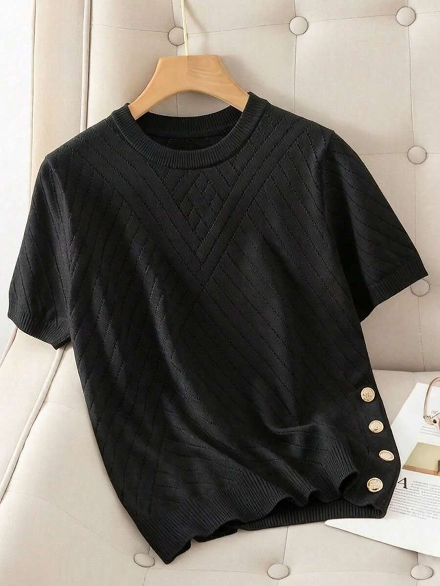 GIGOGOU 1XL-4XL 女式加大码时尚春夏针织T恤基础休闲短袖上衣黑色 - 黑色 - 查看 1