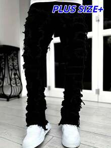Plus Size Men's Elastic Patchwork Cat Whisker Distressed Slim Fit Flare Jeans - Black - View 1