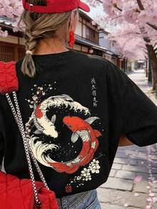 1 Piece Of Women's Summer T-Shirt With Round Neck And Short Sleeves, Japanese Koi Fish And Cherry Blossom Print, Loose Casual Blouse, Suitable For Summer, Beach, Street Wear - 黑色 - 查看 4
