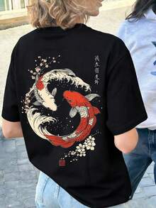 1 Piece Of Women's Summer T-Shirt With Round Neck And Short Sleeves, Japanese Koi Fish And Cherry Blossom Print, Loose Casual Blouse, Suitable For Summer, Beach, Street Wear - 黑色 - 查看 5
