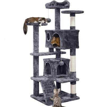 54in Cat Tree, Multi-Level Cat Tower With Spacious Kitten-Ear Perch, 2 Cozy Caves, Scratching Posts, Climbing Ladder, 2 Plush Balls, Durable Pet House Furniture For Indoor Kittens, Dark Gray