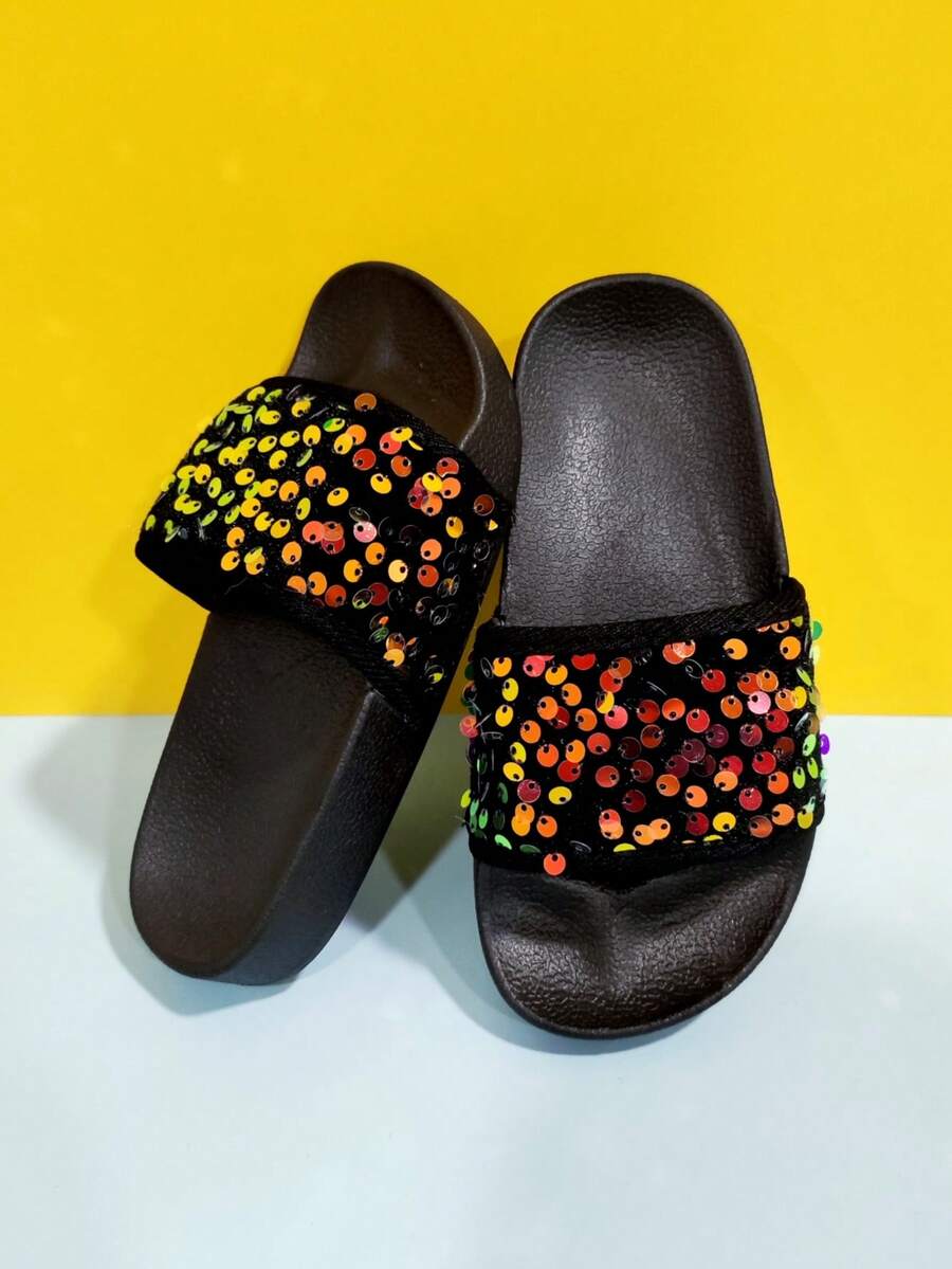 Girls' Glitter Fashion Casual Slippers, Soft & Comfortable Shiny Flat Slides, Suitable For Indoor & Outdoor Wear All Seasons - Black - View 1