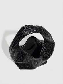 1个PU皮革女士手提包，时尚压纹水桶包，简约编织托特包，大容量单肩/腋下包，草编沙滩包 - 黑色 - 查看 3