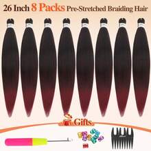 Extensiones de cabello trenzado preestiradas BARSDAR, 66, 8 paquetes de cabello trenzado largo degradado rojo preestirado para trenzas o box braids EZ, trenzas de ganchillo sintéticas Yaki que se fijan con agua caliente - T1B/Rojo - T1B/900# Negro Ombre Borgoña - Ver 11