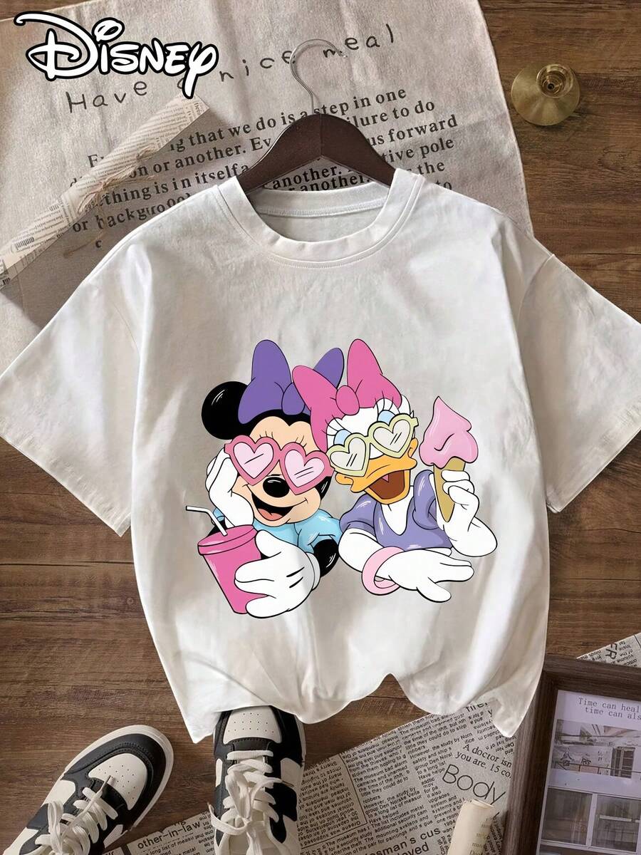 Disney Minnie And Daisy Pattern Letter Print Women'S T-Shirt, Casual Crew Neck Short Sleeve T-Shirt, Suitable For Daily Wear - trắng - Xem 1