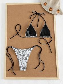 Onefish Women Black White Lace Floral Bikini Set Triangle Halter Sliding Cup Bikini Top Adjustable Tie Side Bottom Low Rise High Cut Minimal Coverage Sexy Summer Beach Vacation - White - View 4
