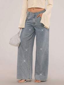 Elegant Wide-Leg Rhinestone Jeans, Ripped Jeans, School Style. - 牛仔褲 - 查看 1