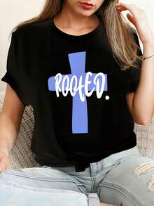 Rooted in the Cross Christian Minimalism Religious Faith Camiseta de algodón 100% femenino camiseta Casual 220g Funny Graphic Short Sleeve 1 PCS Tee Novelty Crew Neck Oversized Top - Negro - Ver 1