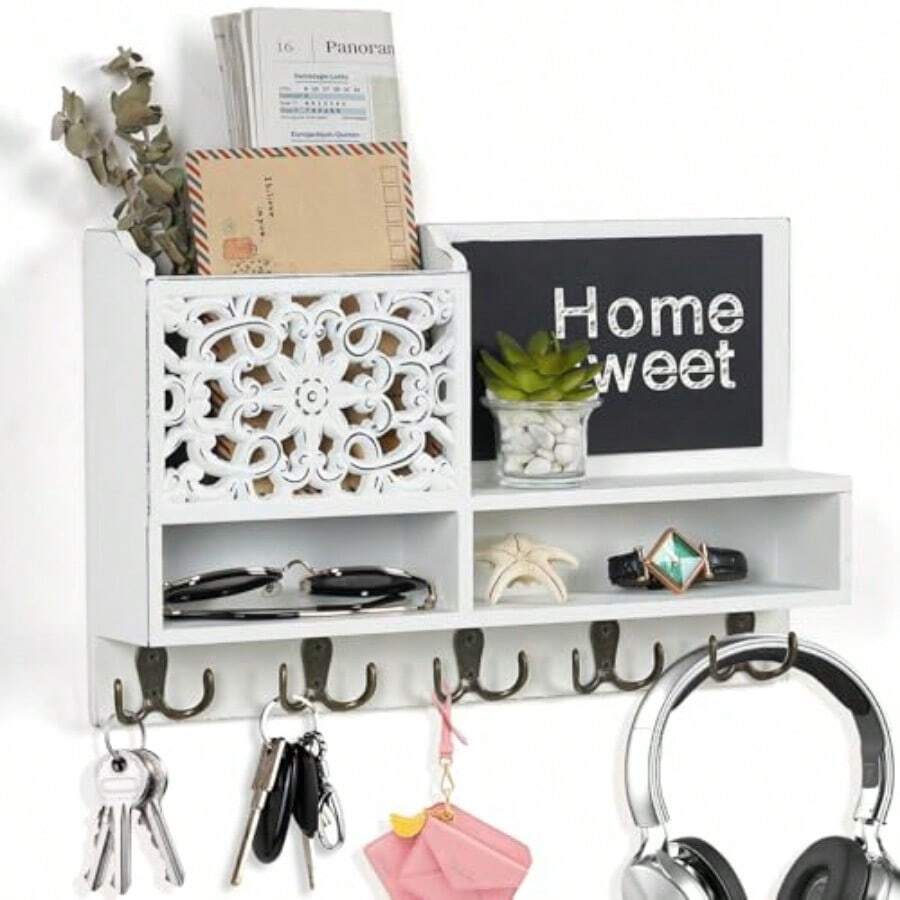 Wooden Key Holder With Shelf Key Storage Chalkboard And 10 Hooks Wall Coat Rack White Fvv - White Foldable - View 1