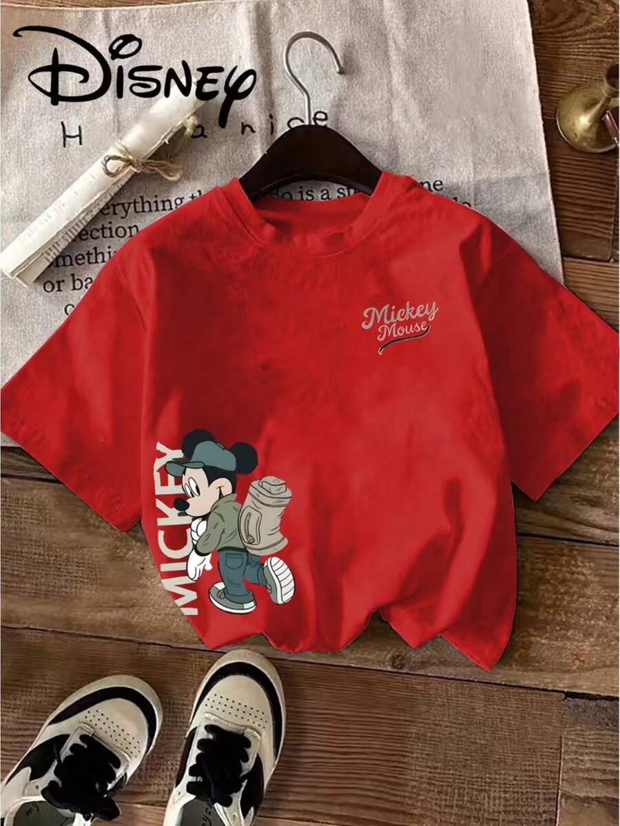 Cartoon Character Mickey Mouse With Spray Cans Street Art Pattern Disney And Mickey Mouse Text Logo Disney Summer New Short-Sleeved T-Shirt Blouse Ladies Casual Fashion Printed T-Shirt Ladies Elegant Women's Clothing. - Red - View 1