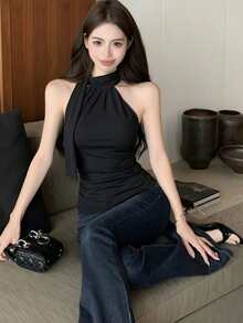 Blusa sin mangas con cuello de halter y lazo, elegante estilo francés para el verano - Negro - Ver 1