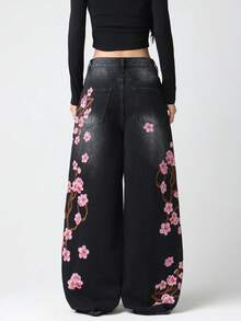 1 chiếc quần jeans ống rộng nữ rách thêu họa tiết, kiểu dáng thoải mái, năng động, phù hợp với mọi mùa (không bao gồm thắt lưng/phụ kiện) Thích hợp cho kỳ nghỉ - màu đen - Xem 2