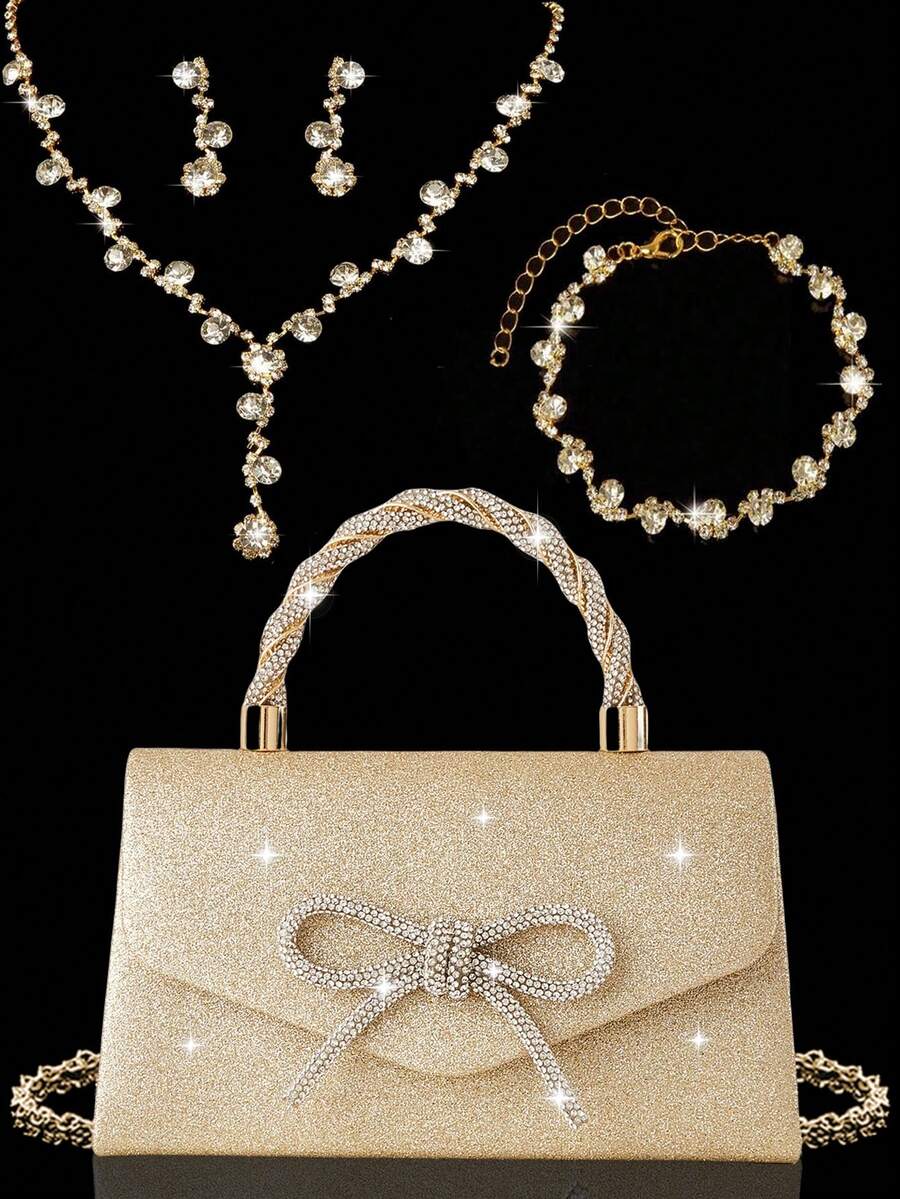 4pcs Luxury Sparkling Jewelry Set For Women, Formal Party Handbag With Rhinestone Bow Decor, Bridal Wedding Gift Set, Suitable For Party, Wedding, Prom, Gala, Perfectly Matches Holiday Party Dresses, Essential Accessory For Wedding & Party - Champagne - View 1