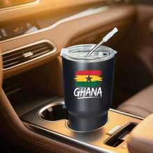 30oz Stainless Steel Tumbler Black White Options,  Ghana Flag Design With Star And Colors Graphic Cups, Insulated Travel Coffee Mug With Lid And Straw , Double Wall Vacuum Reusable Travel Cups, Funny Birthday Party Gift For Women & Men - 黑色 - 查看 2
